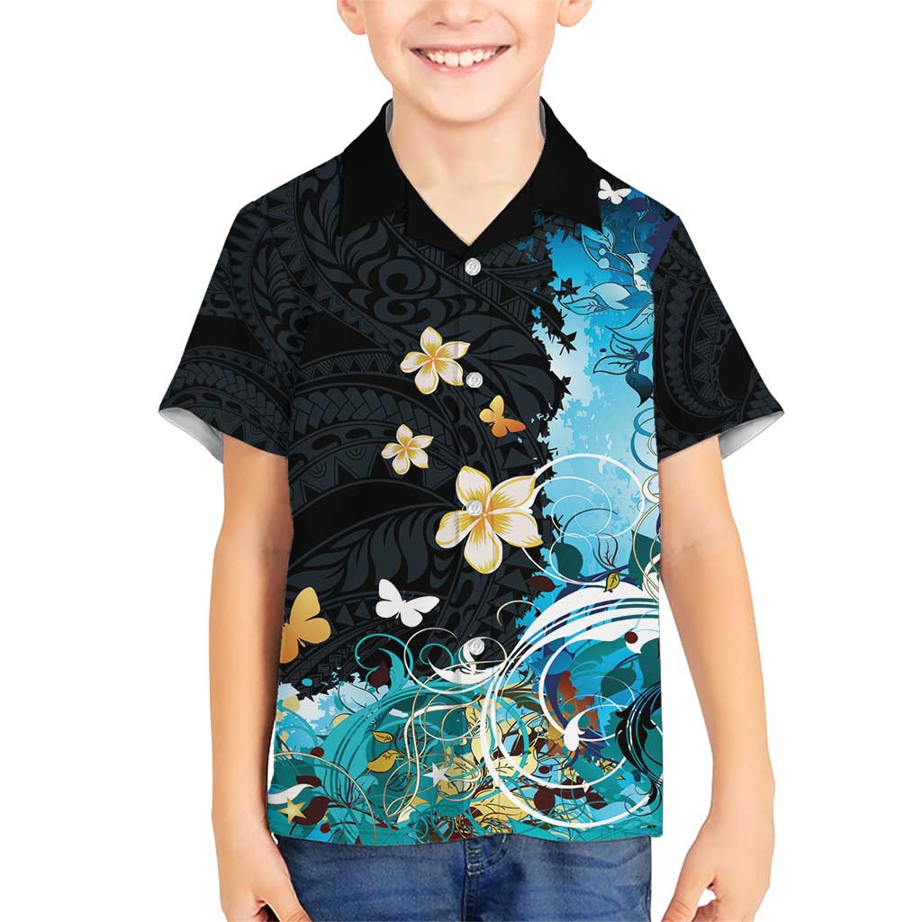 Blue Grunge Polynesian Pattern Kid Hawaiian Shirt Plumeria Floral