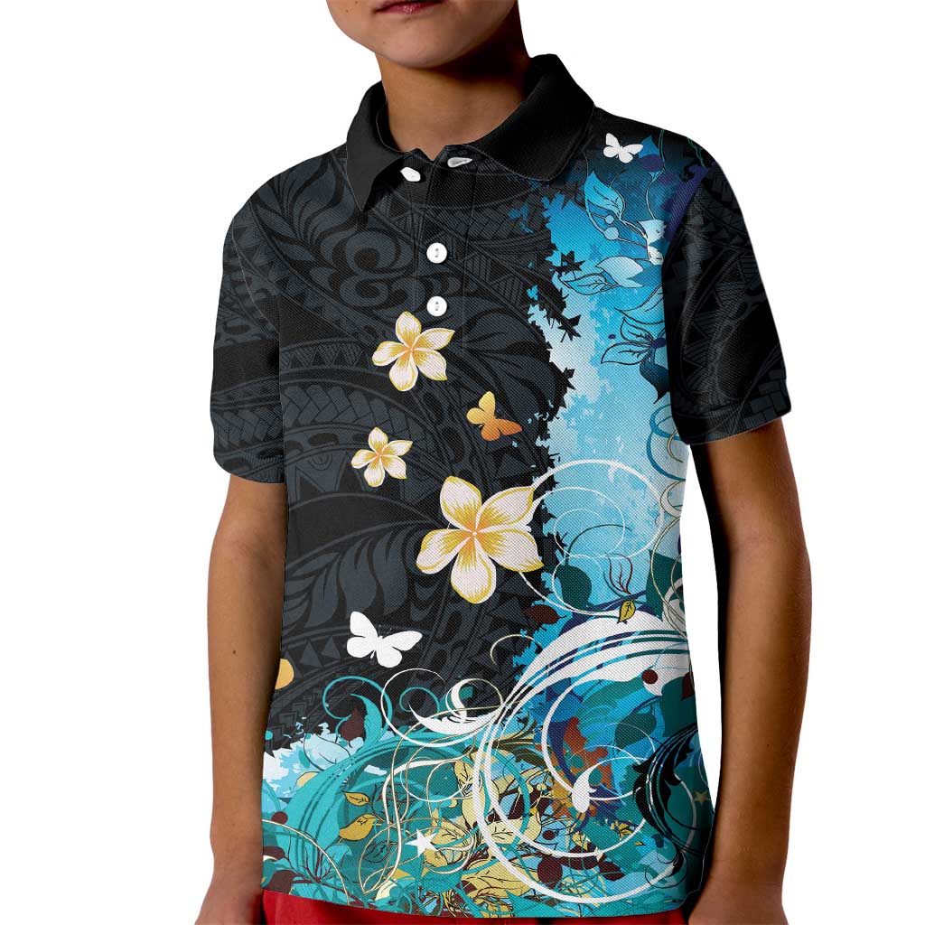 Blue Grunge Polynesian Pattern Kid Polo Shirt Plumeria Floral