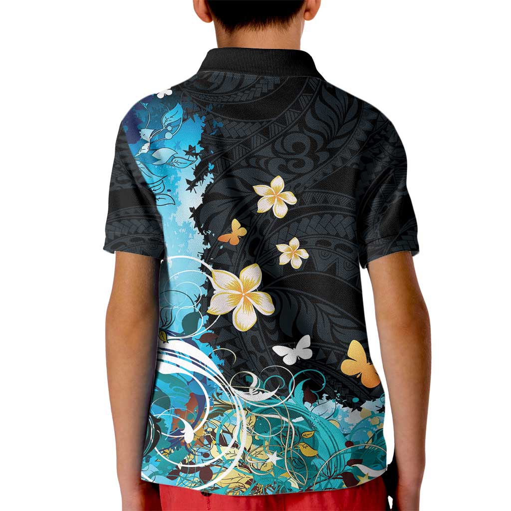 Blue Grunge Polynesian Pattern Kid Polo Shirt Plumeria Floral