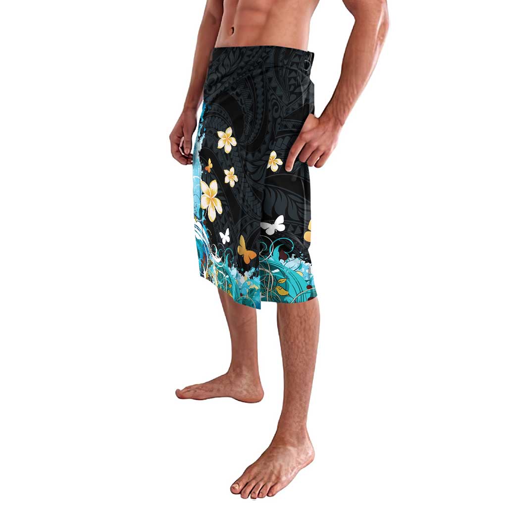 Blue Grunge Polynesian Pattern Lavalava Plumeria Floral