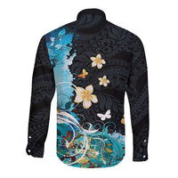 Blue Grunge Polynesian Pattern Long Sleeve Button Shirt Plumeria Floral