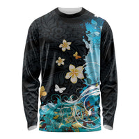 Blue Grunge Polynesian Pattern Long Sleeve Shirt Plumeria Floral
