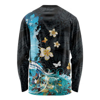 Blue Grunge Polynesian Pattern Long Sleeve Shirt Plumeria Floral