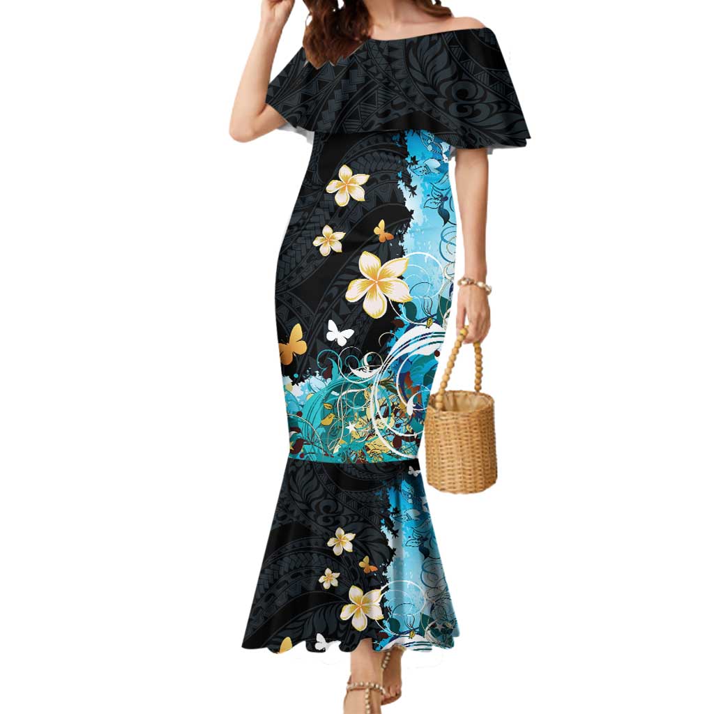 Blue Grunge Polynesian Pattern Mermaid Dress Plumeria Floral