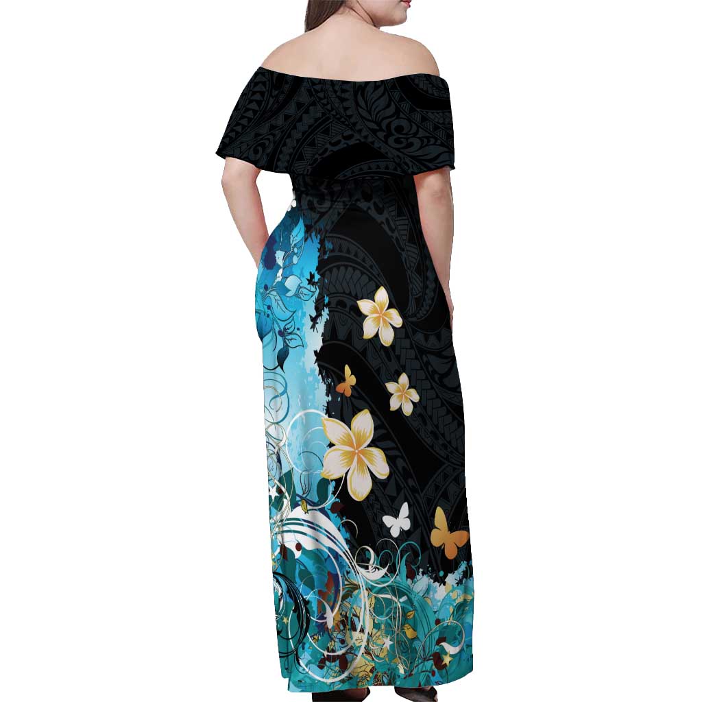 Blue Grunge Polynesian Pattern Off Shoulder Maxi Dress Plumeria Floral