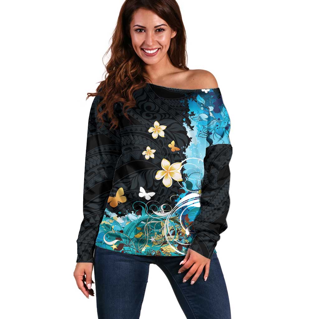 Blue Grunge Polynesian Pattern Off Shoulder Sweater Plumeria Floral