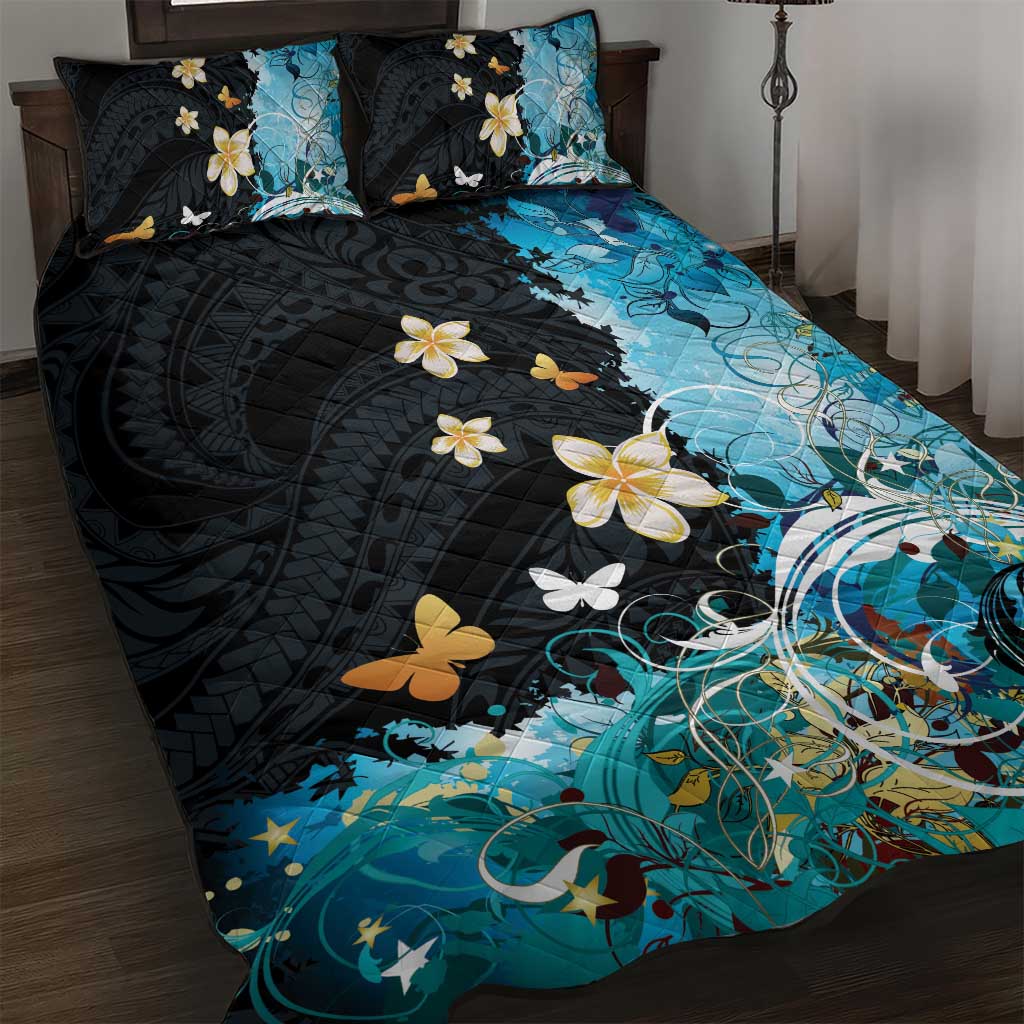 Blue Grunge Polynesian Pattern Quilt Bed Set Plumeria Floral