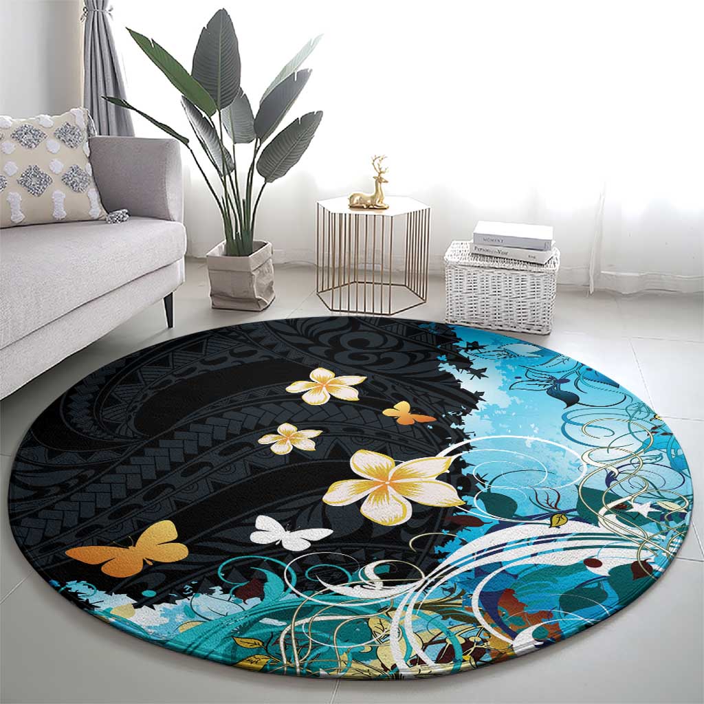 Blue Grunge Polynesian Pattern Round Carpet Plumeria Floral