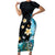 Blue Grunge Polynesian Pattern Short Sleeve Bodycon Dress Plumeria Floral