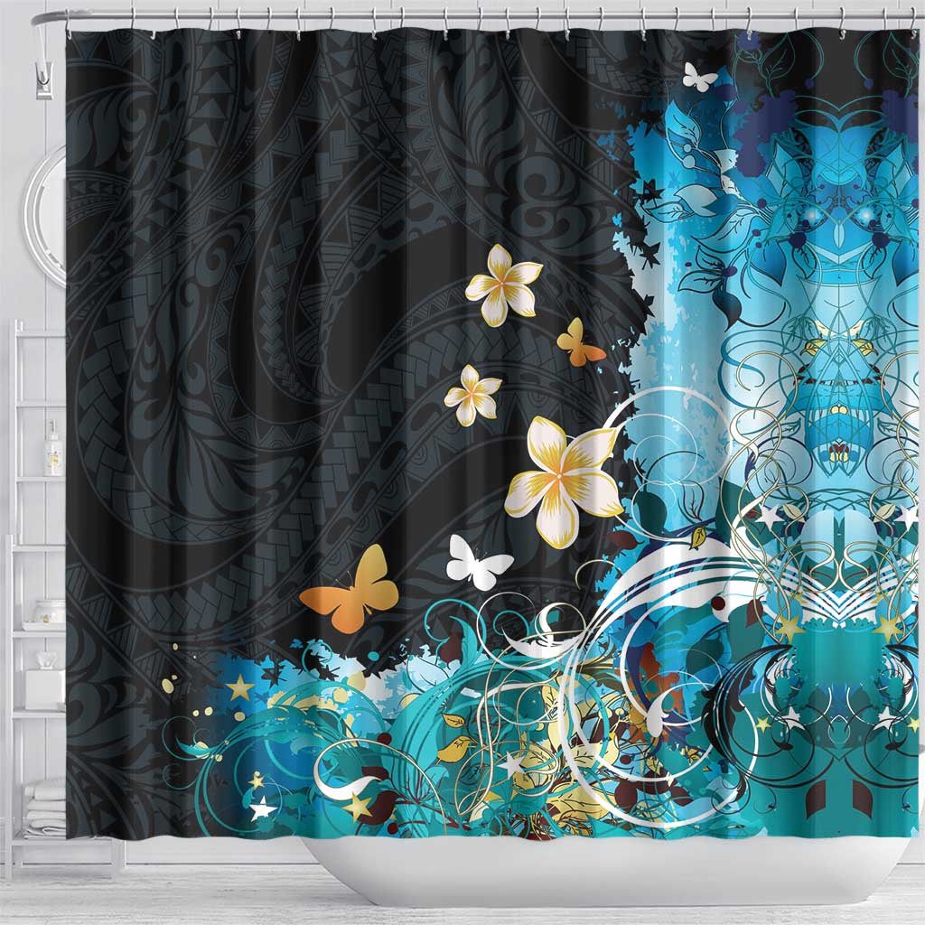 Blue Grunge Polynesian Pattern Shower Curtain Plumeria Floral