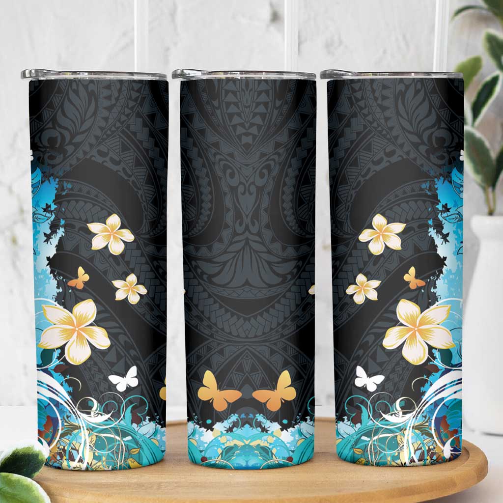 Blue Grunge Polynesian Pattern Skinny Tumbler Plumeria Floral LT01 - Polynesian Pride