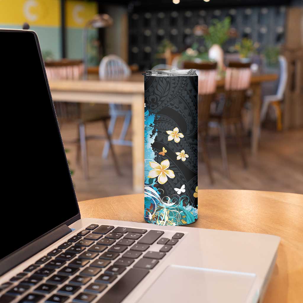 Blue Grunge Polynesian Pattern Skinny Tumbler Plumeria Floral LT01 - Polynesian Pride