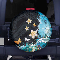 Blue Grunge Polynesian Pattern Spare Tire Cover Plumeria Floral
