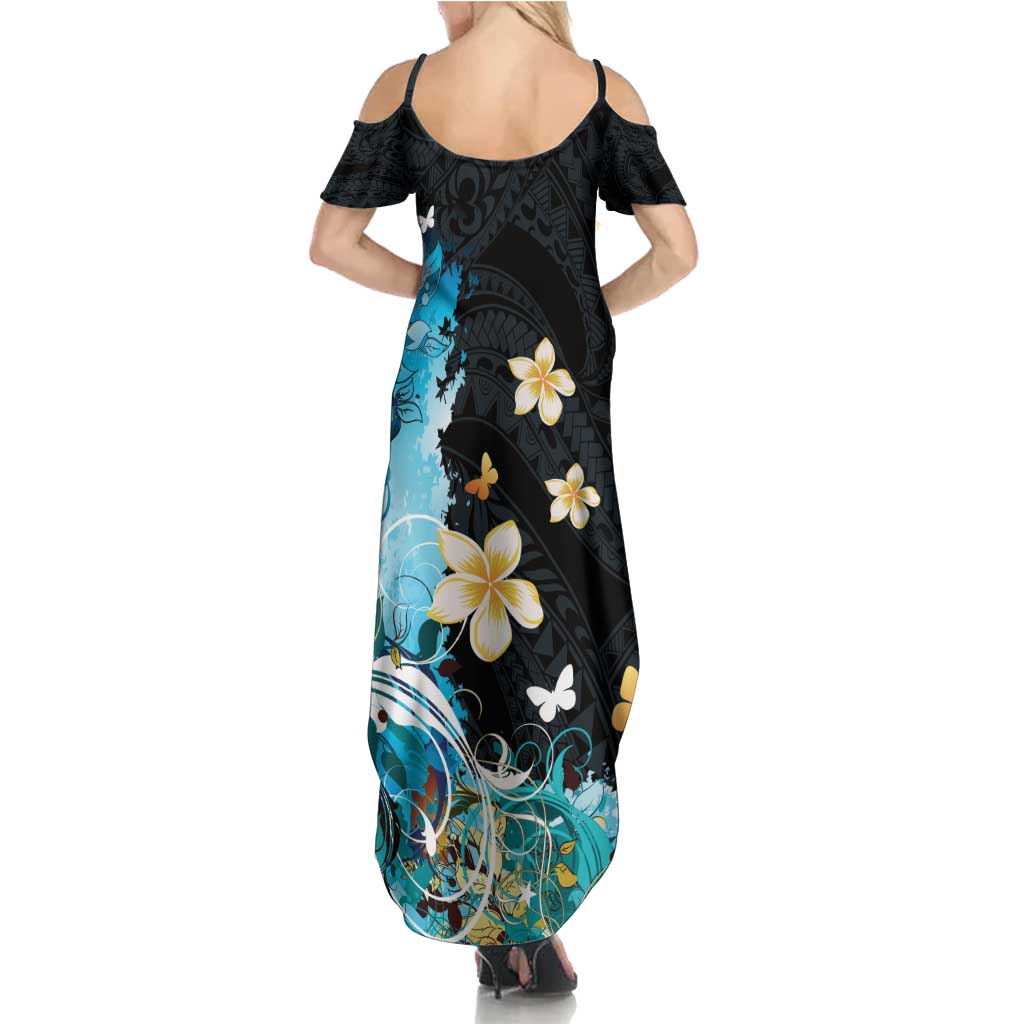 Blue Grunge Polynesian Pattern Summer Maxi Dress Plumeria Floral
