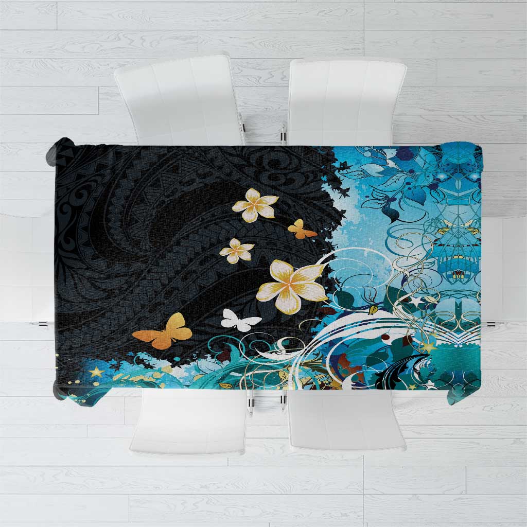 Blue Grunge Polynesian Pattern Tablecloth Plumeria Floral