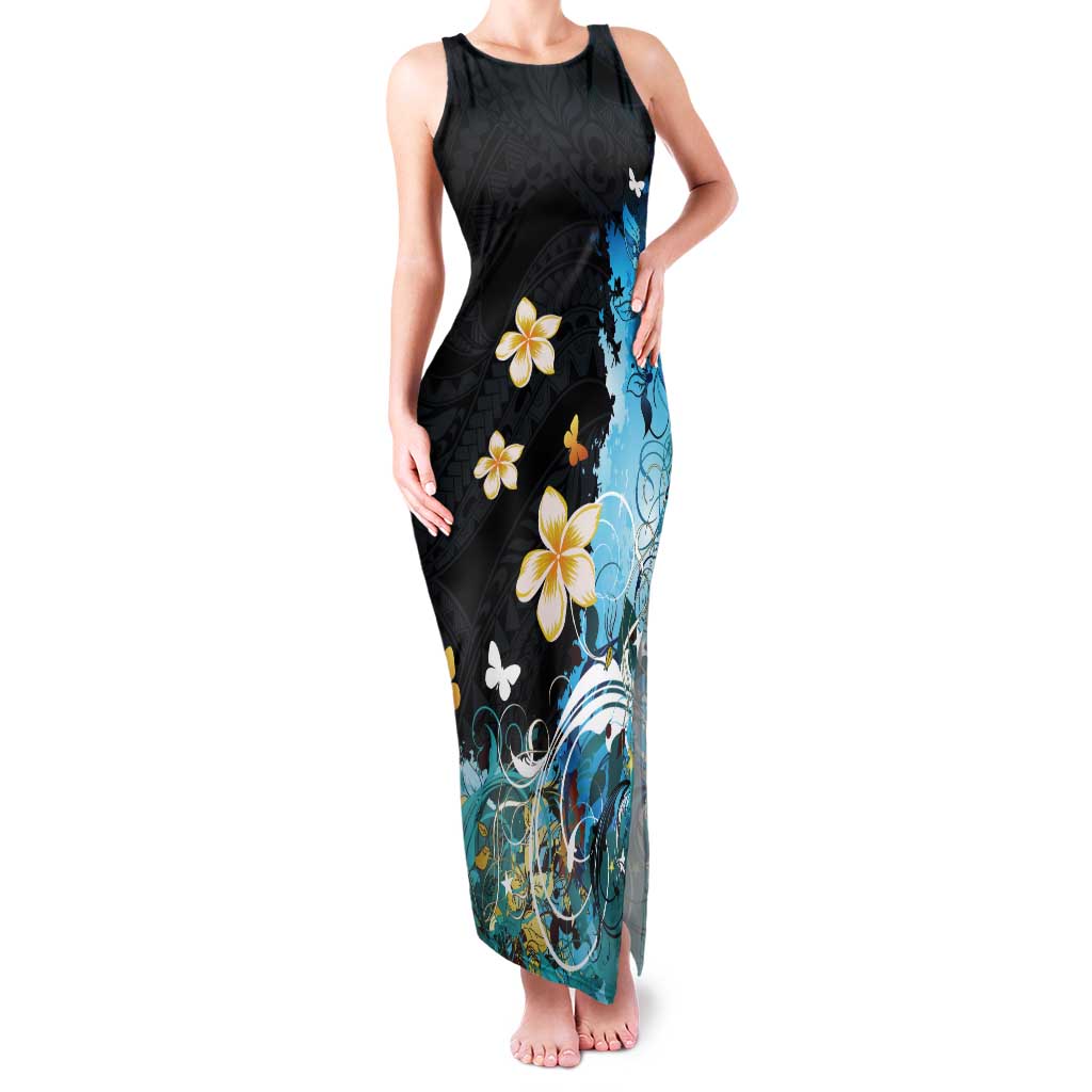 Blue Grunge Polynesian Pattern Tank Maxi Dress Plumeria Floral
