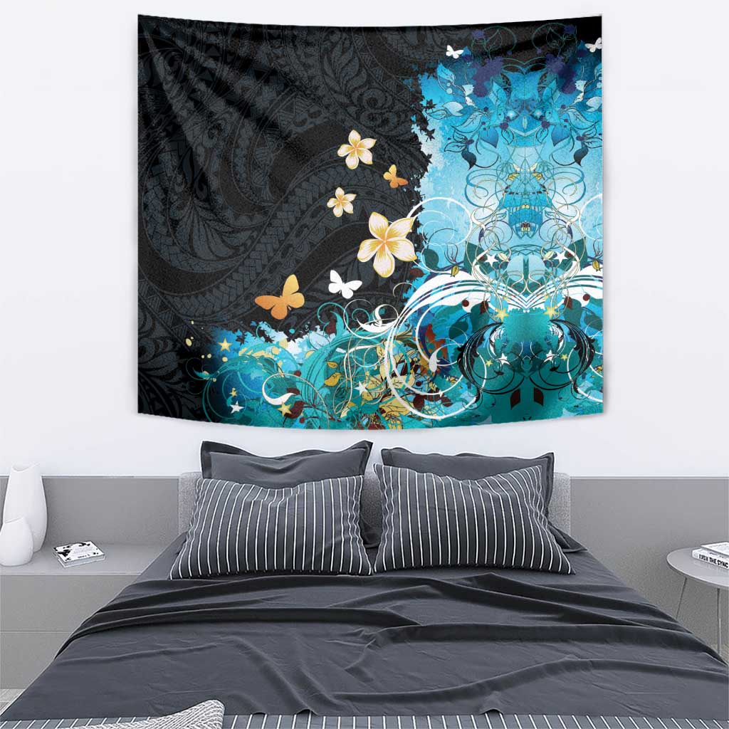 Blue Grunge Polynesian Pattern Tapestry Plumeria Floral