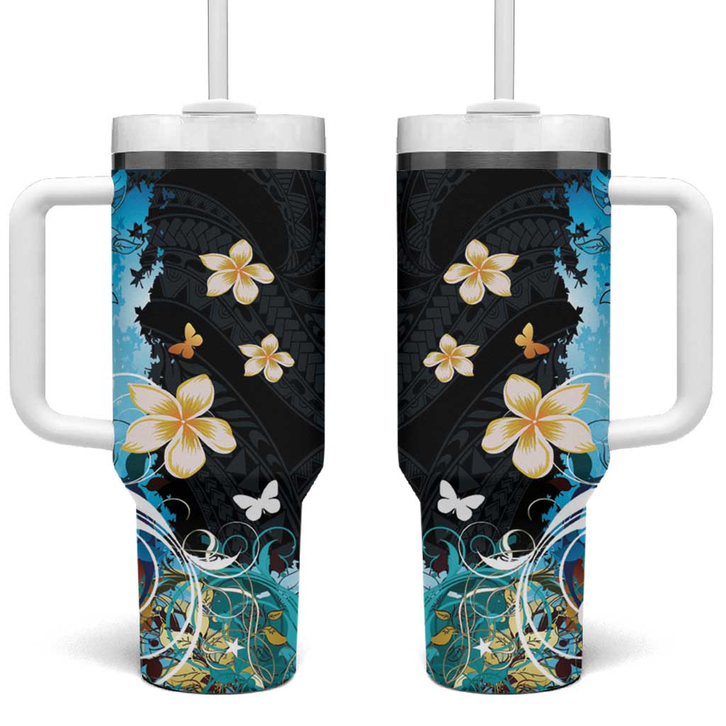 Blue Grunge Polynesian Pattern Tumbler With Handle Plumeria Floral