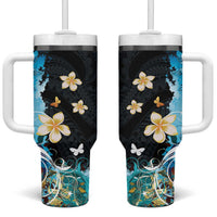 Blue Grunge Polynesian Pattern Tumbler With Handle Plumeria Floral