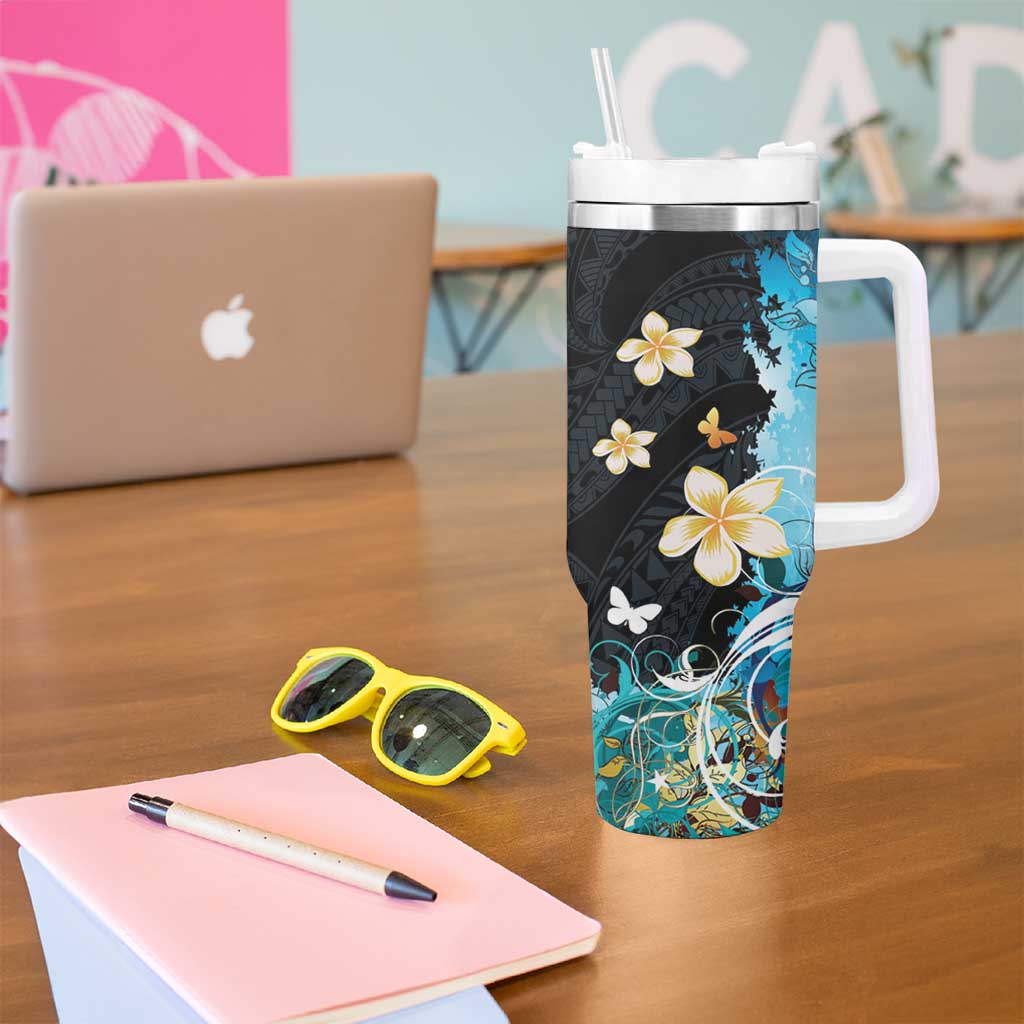 Blue Grunge Polynesian Pattern Tumbler With Handle Plumeria Floral