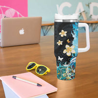Blue Grunge Polynesian Pattern Tumbler With Handle Plumeria Floral