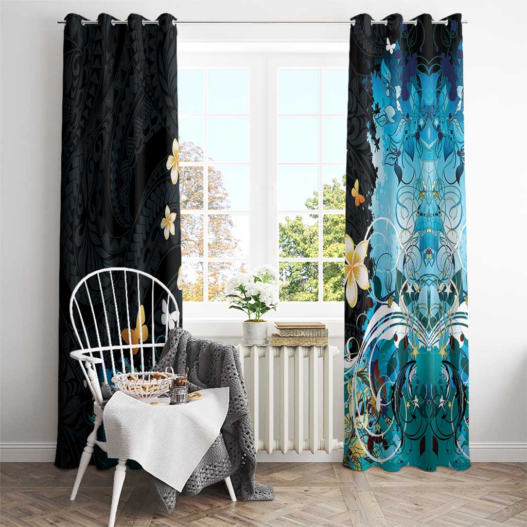 Blue Grunge Polynesian Pattern Window Curtain Plumeria Floral