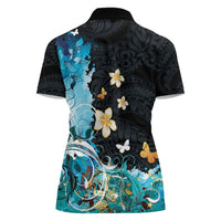 Blue Grunge Polynesian Pattern Women Polo Shirt Plumeria Floral