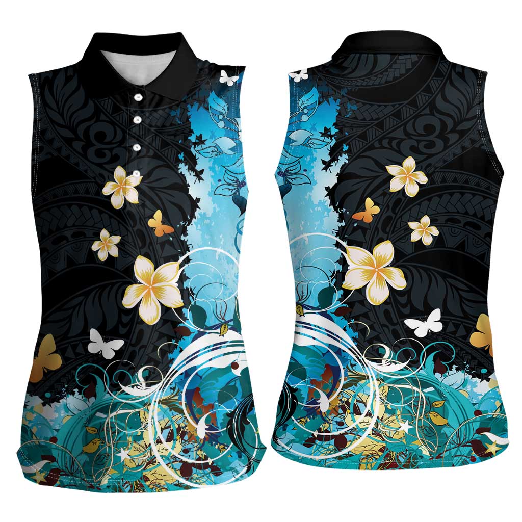 Blue Grunge Polynesian Pattern Women Sleeveless Polo Shirt Plumeria Floral LT01 - Polynesian Pride