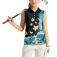 Blue Grunge Polynesian Pattern Women Sleeveless Polo Shirt Plumeria Floral LT01 - Polynesian Pride