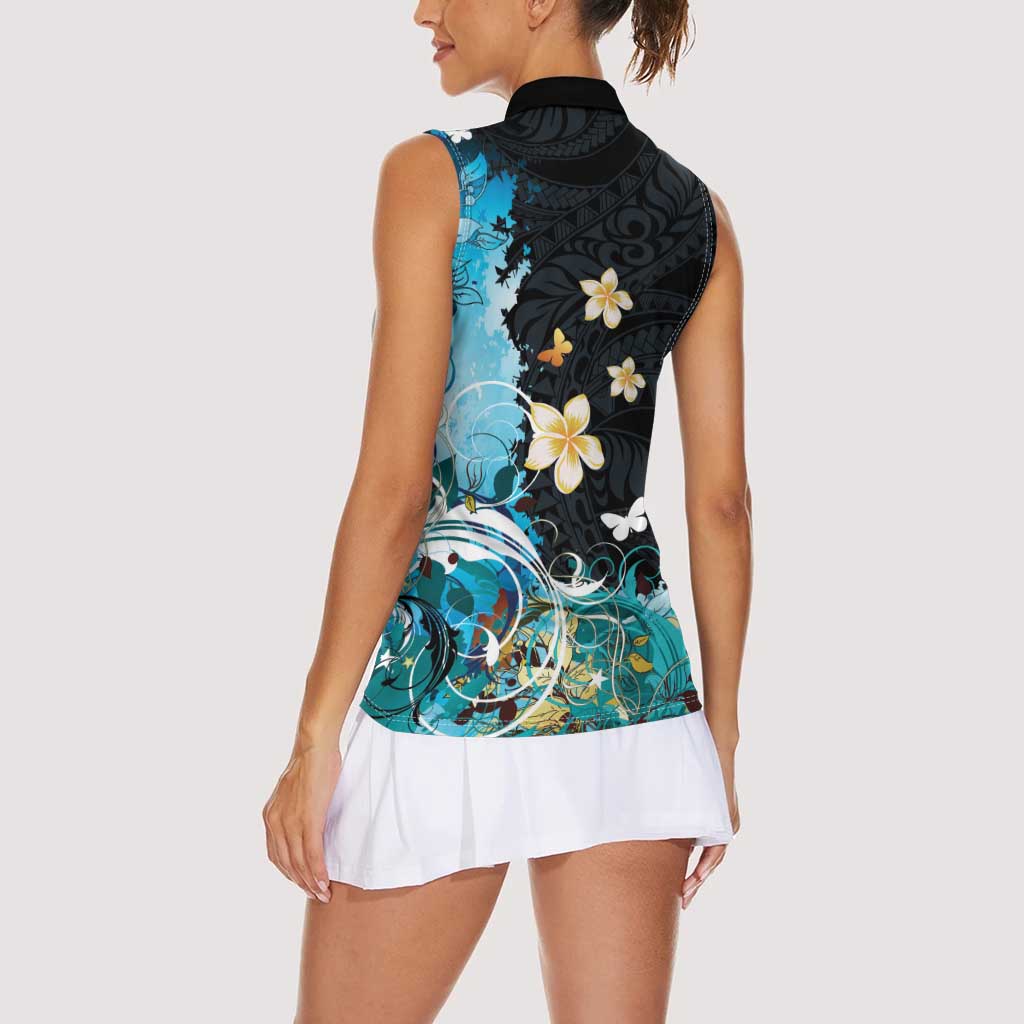 Blue Grunge Polynesian Pattern Women Sleeveless Polo Shirt Plumeria Floral LT01 - Polynesian Pride