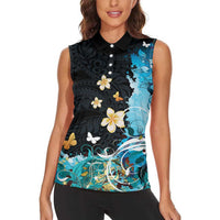 Blue Grunge Polynesian Pattern Women Sleeveless Polo Shirt Plumeria Floral LT01 - Polynesian Pride