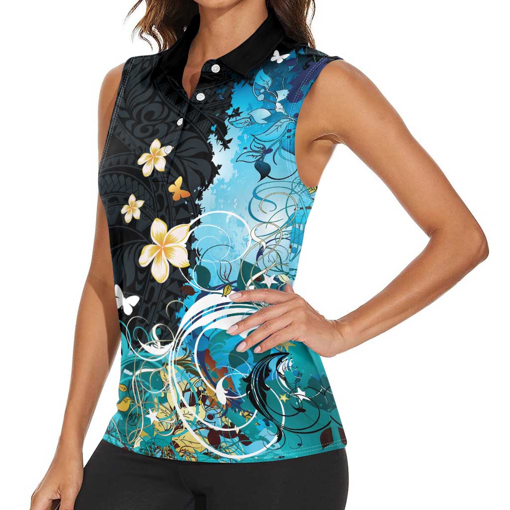 Blue Grunge Polynesian Pattern Women Sleeveless Polo Shirt Plumeria Floral LT01 - Polynesian Pride