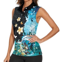 Blue Grunge Polynesian Pattern Women Sleeveless Polo Shirt Plumeria Floral LT01 - Polynesian Pride