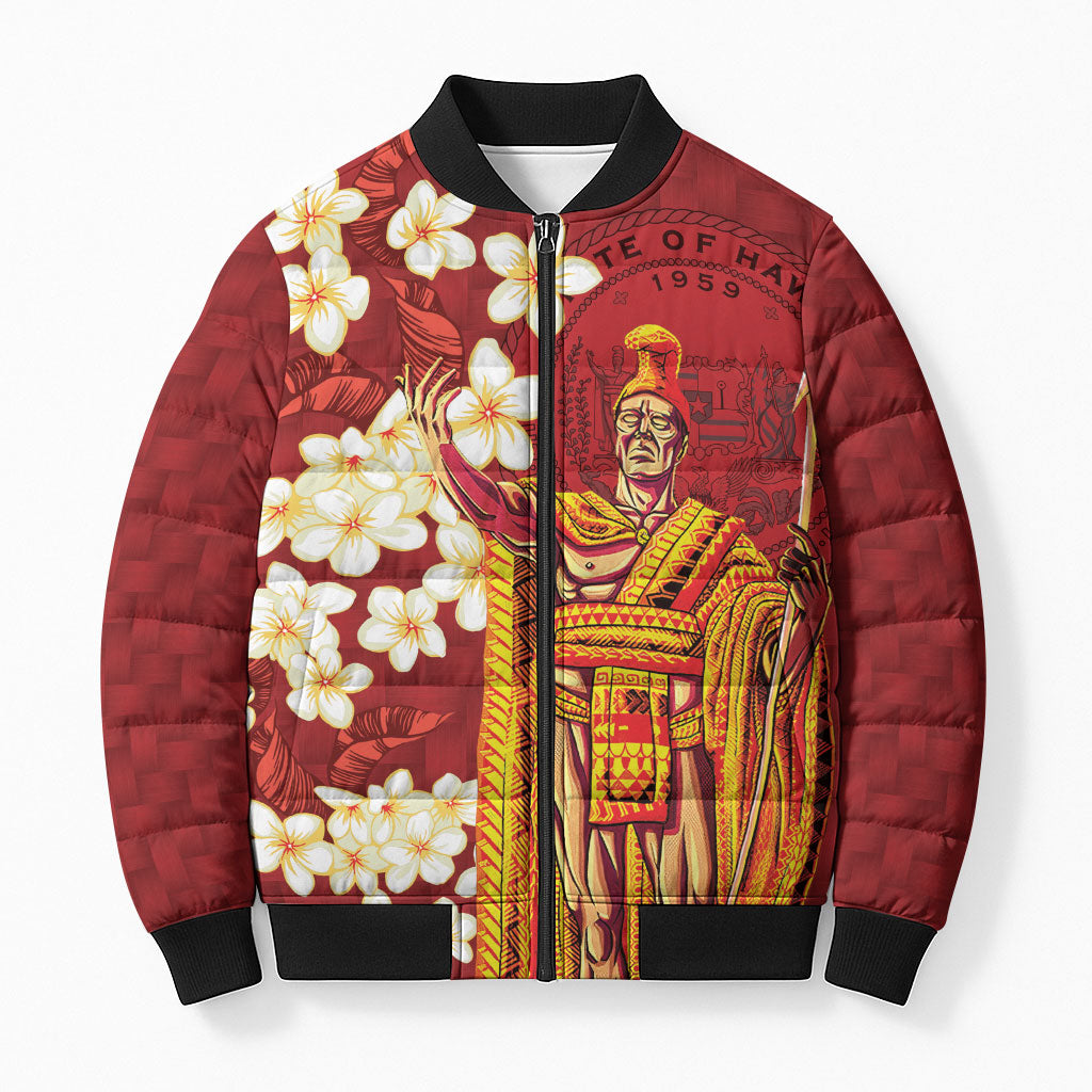 Hawaii King Kamehameha Bomber Puffer Jacket Plumeria Lauhala Pattern