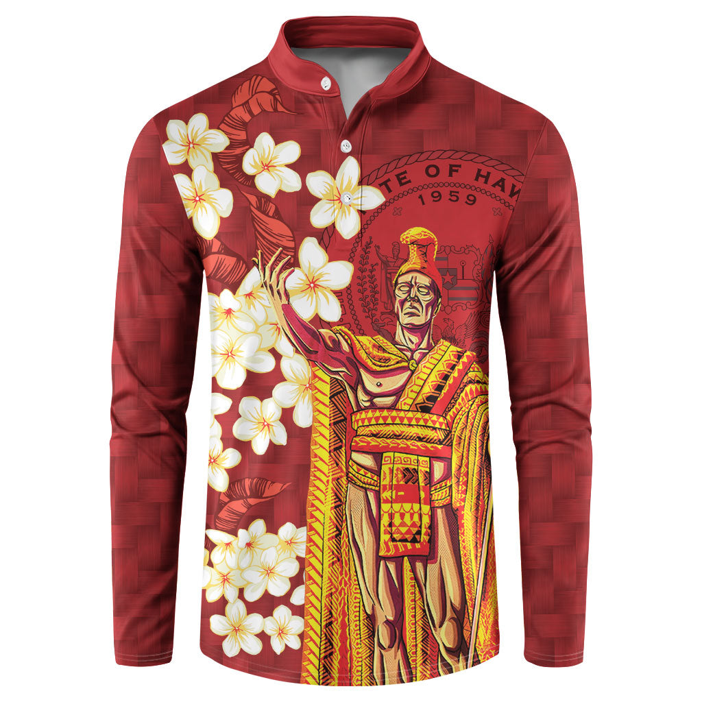 Hawaii King Kamehameha Button Sweatshirt Plumeria Lauhala Pattern