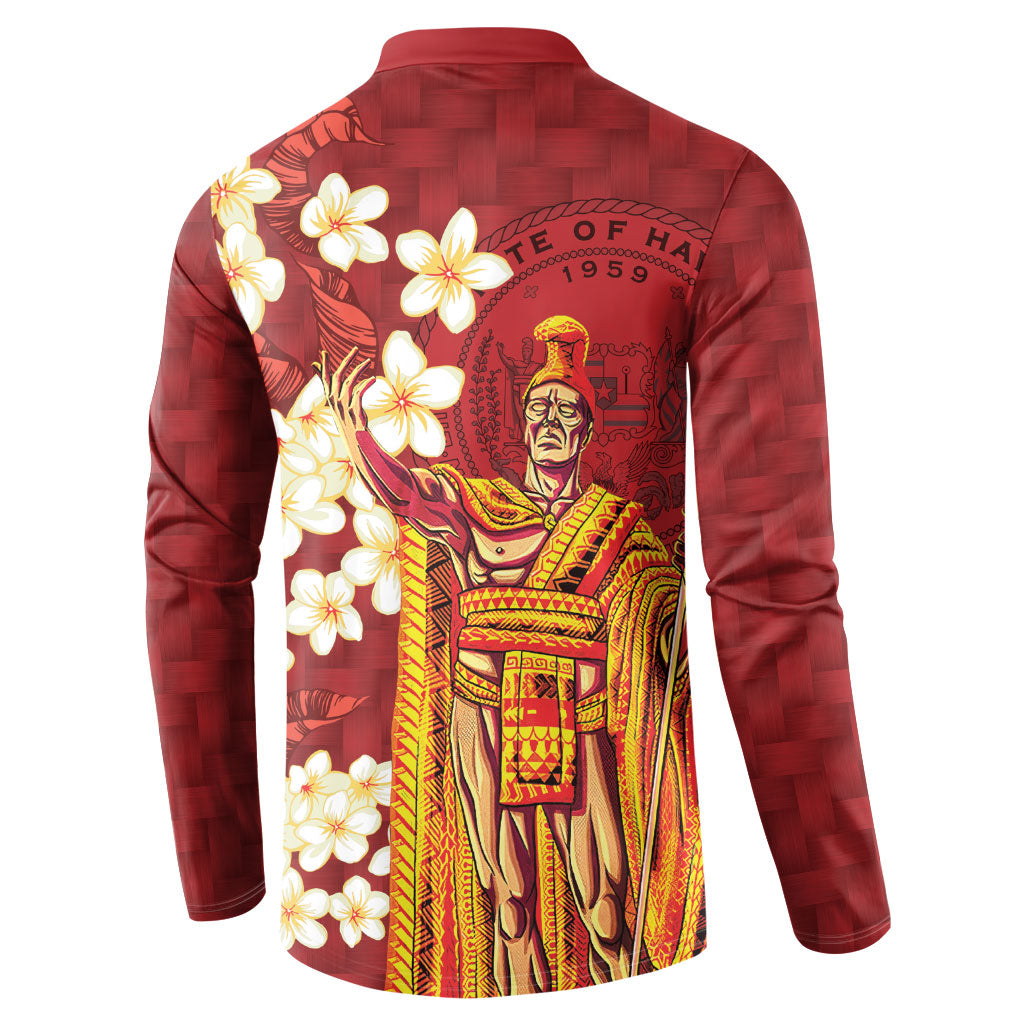 Hawaii King Kamehameha Button Sweatshirt Plumeria Lauhala Pattern
