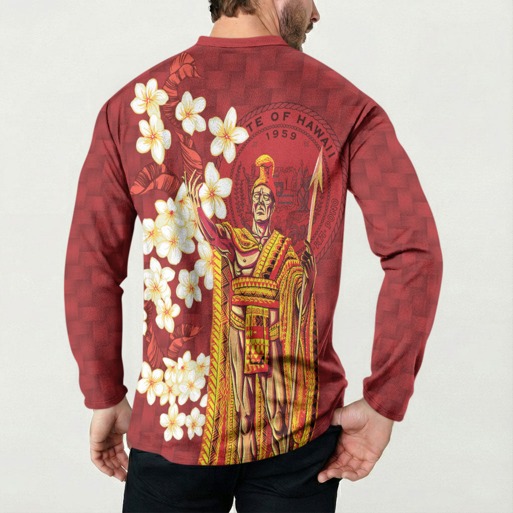 Hawaii King Kamehameha Button Sweatshirt Plumeria Lauhala Pattern