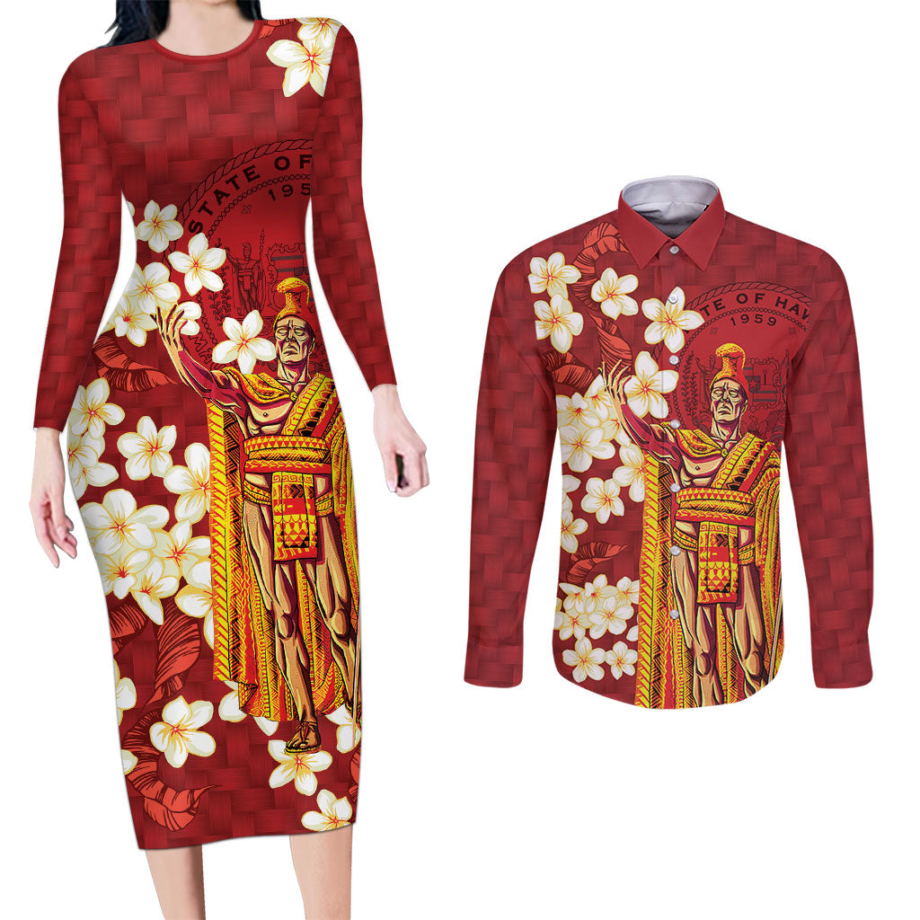 Hawaii King Kamehameha Couples Matching Long Sleeve Bodycon Dress and Long Sleeve Button Shirt Plumeria Lauhala Pattern LT01 Red - Polynesian Pride