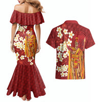 Hawaii King Kamehameha Couples Matching Mermaid Dress and Hawaiian Shirt Plumeria Lauhala Pattern