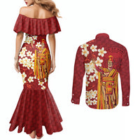 Hawaii King Kamehameha Couples Matching Mermaid Dress and Long Sleeve Button Shirt Plumeria Lauhala Pattern