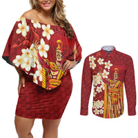 Hawaii King Kamehameha Couples Matching Off Shoulder Short Dress and Long Sleeve Button Shirt Plumeria Lauhala Pattern