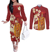 Hawaii King Kamehameha Couples Matching Off The Shoulder Long Sleeve Dress and Long Sleeve Button Shirt Plumeria Lauhala Pattern