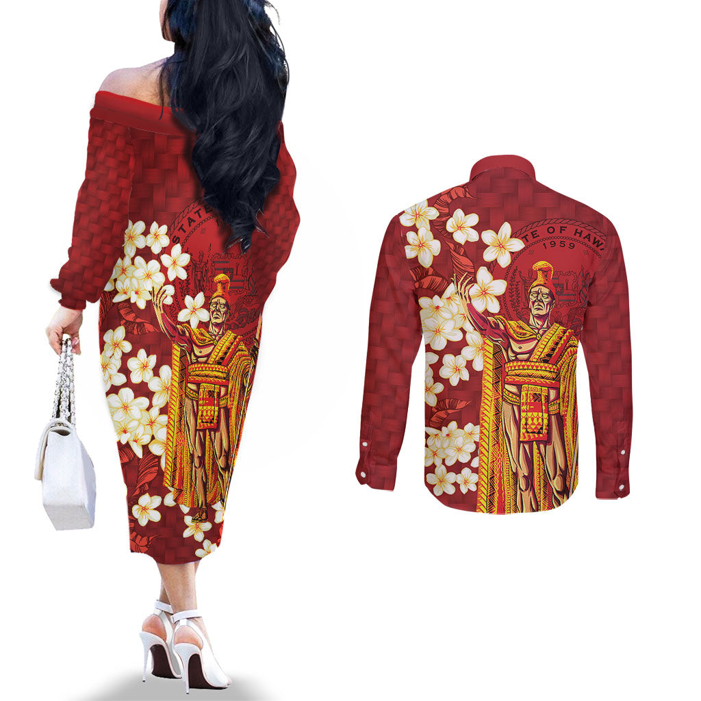 Hawaii King Kamehameha Couples Matching Off The Shoulder Long Sleeve Dress and Long Sleeve Button Shirt Plumeria Lauhala Pattern