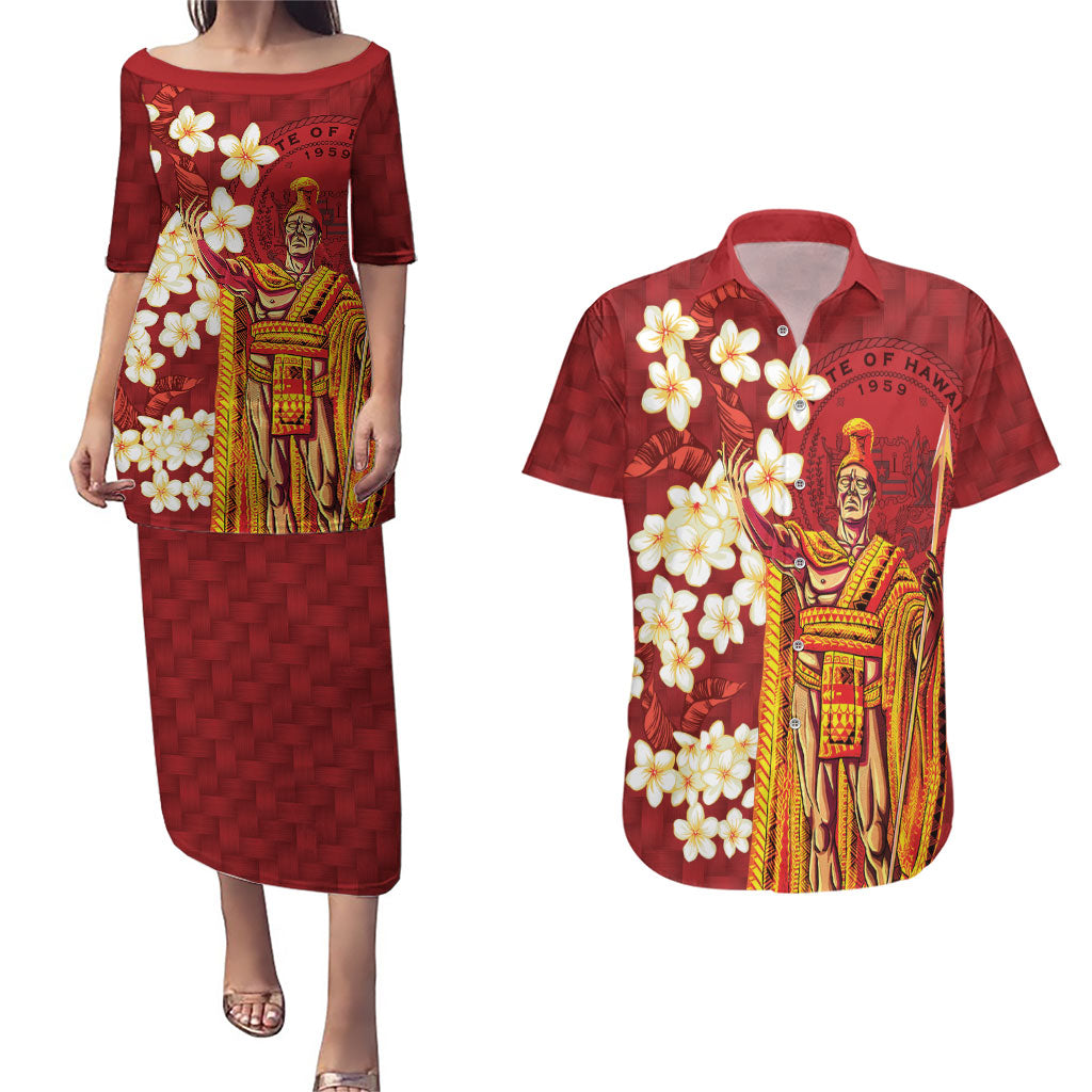 Hawaii King Kamehameha Couples Matching Puletasi and Hawaiian Shirt Plumeria Lauhala Pattern