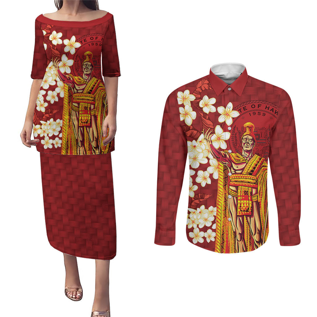 Hawaii King Kamehameha Couples Matching Puletasi and Long Sleeve Button Shirt Plumeria Lauhala Pattern