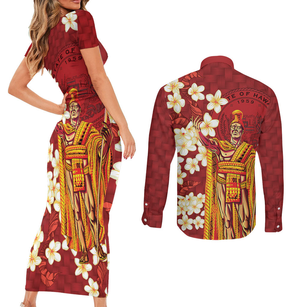 Hawaii King Kamehameha Couples Matching Short Sleeve Bodycon Dress and Long Sleeve Button Shirt Plumeria Lauhala Pattern