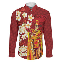 Hawaii King Kamehameha Family Matching Long Sleeve Bodycon Dress and Hawaiian Shirt Plumeria Lauhala Pattern LT01 Dad's Shirt - Long Sleeve Red - Polynesian Pride