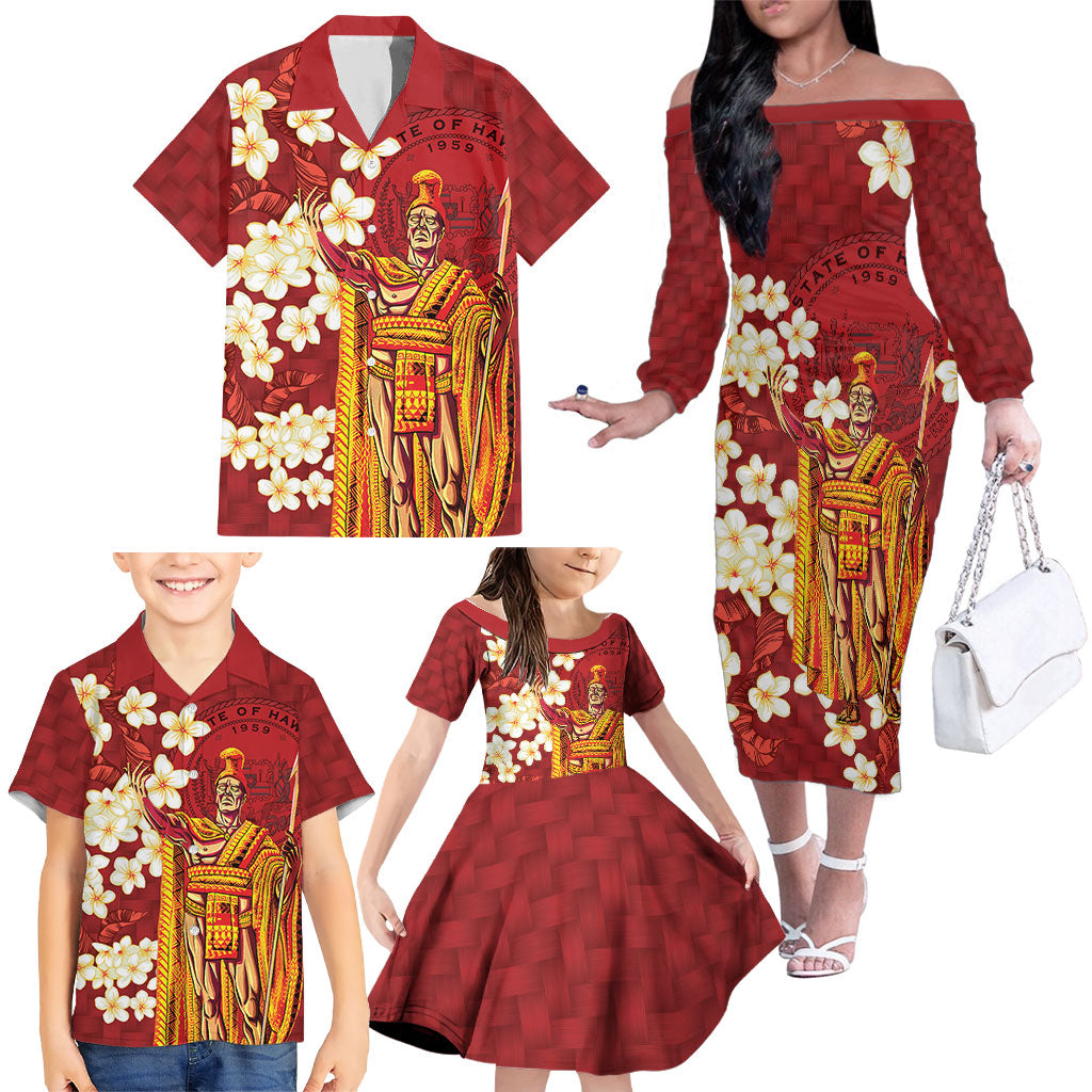 Hawaii King Kamehameha Family Matching Off The Shoulder Long Sleeve Dress and Hawaiian Shirt Plumeria Lauhala Pattern LT01 - Polynesian Pride