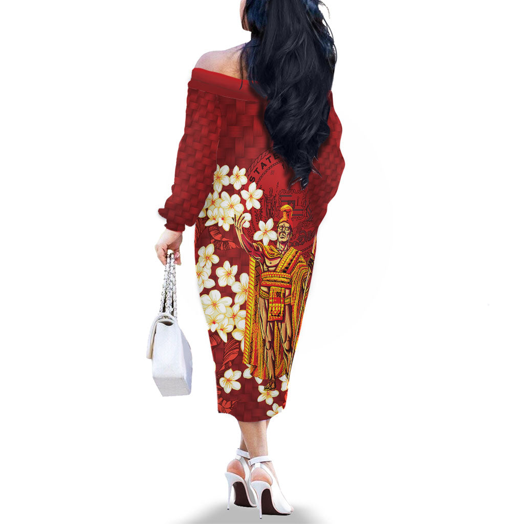 Hawaii King Kamehameha Family Matching Off The Shoulder Long Sleeve Dress and Hawaiian Shirt Plumeria Lauhala Pattern LT01 - Polynesian Pride