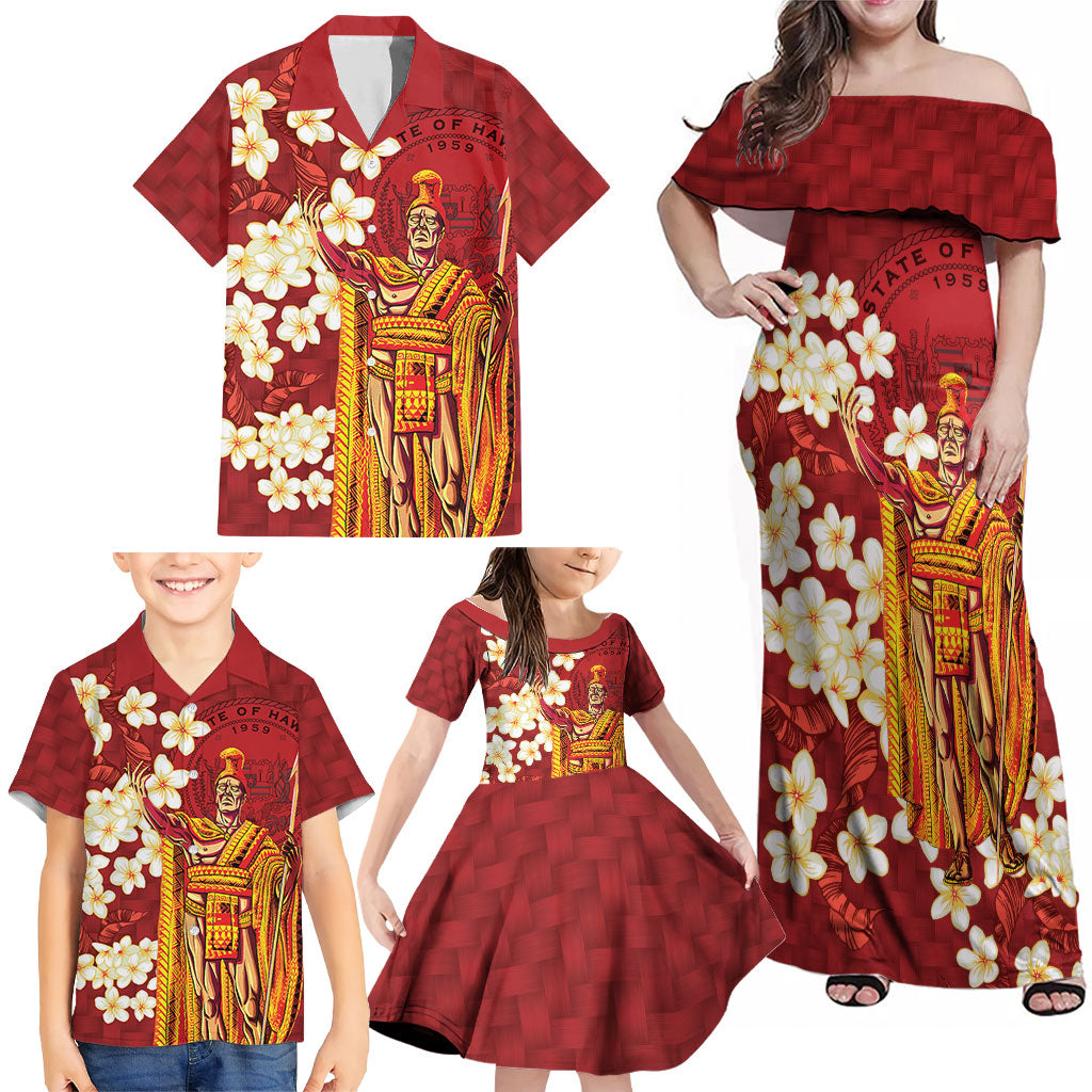 Hawaii King Kamehameha Family Matching Off Shoulder Maxi Dress and Hawaiian Shirt Plumeria Lauhala Pattern